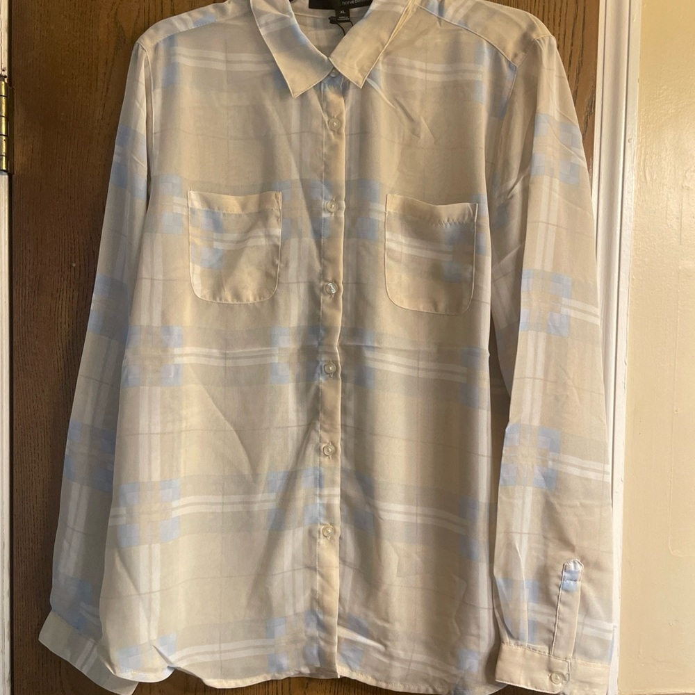 Havre Benard Cream Sheer Striped Long Sleeve Collared Button-up Shirt Sz XL